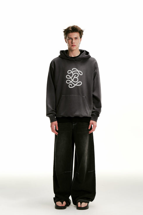 White Ink Printed Logo Long Sleeve Hoodie-Dark Grey